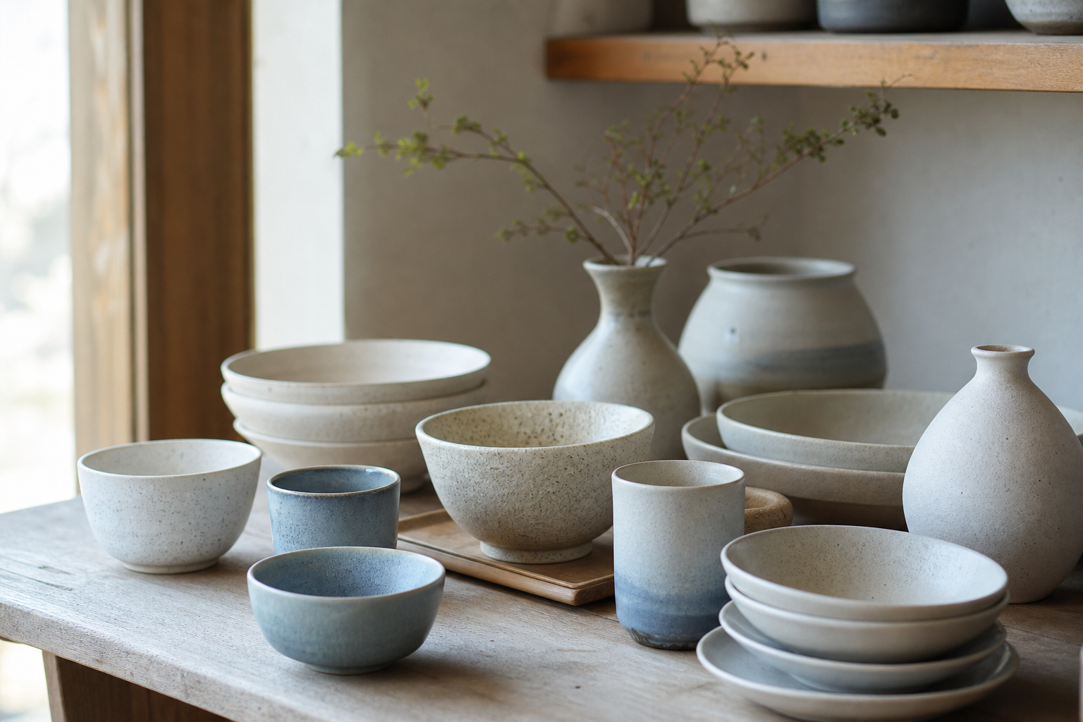 棚に並ぶ手作りの茶碗や小皿