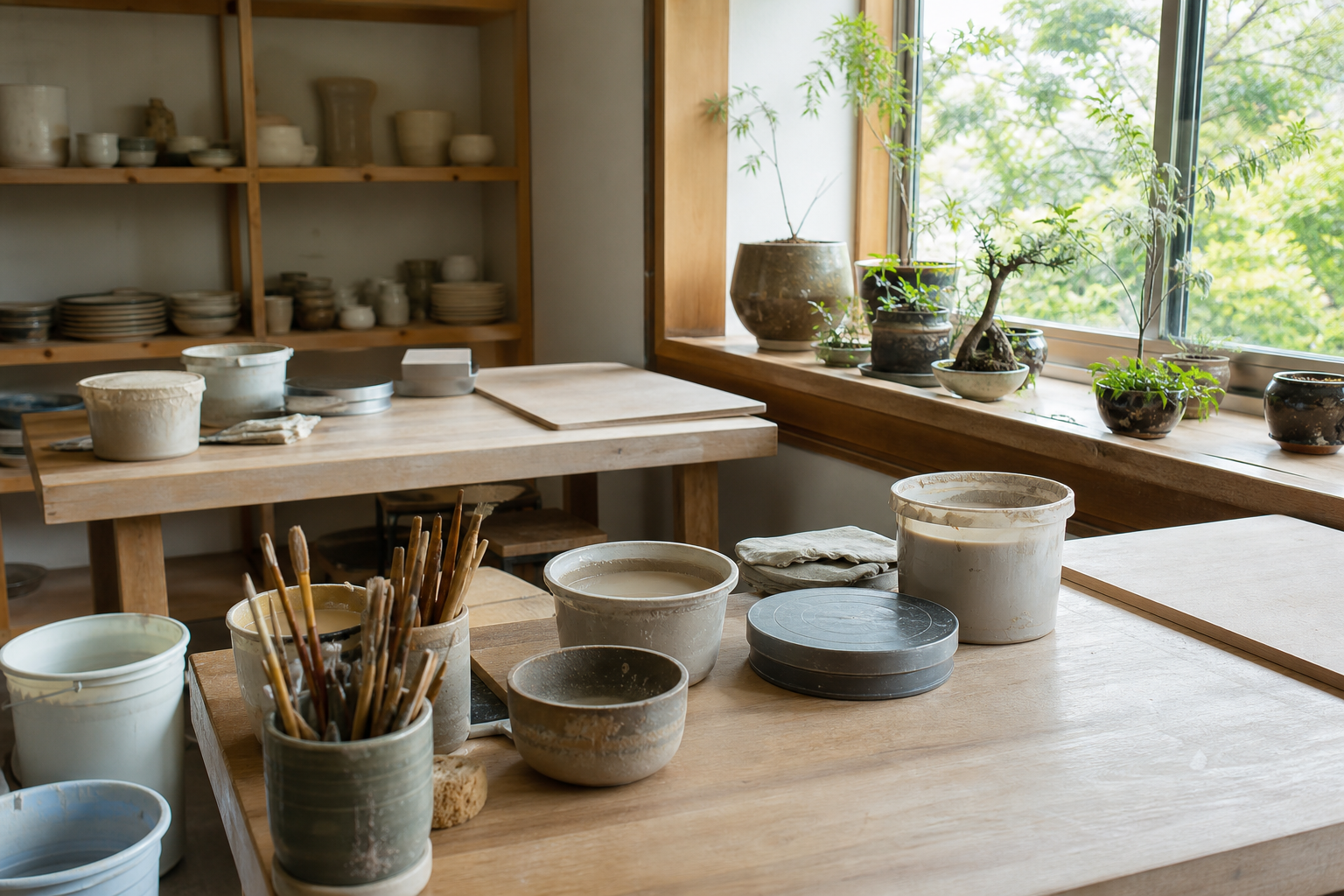 道具が整えられた明るい作業コーナー